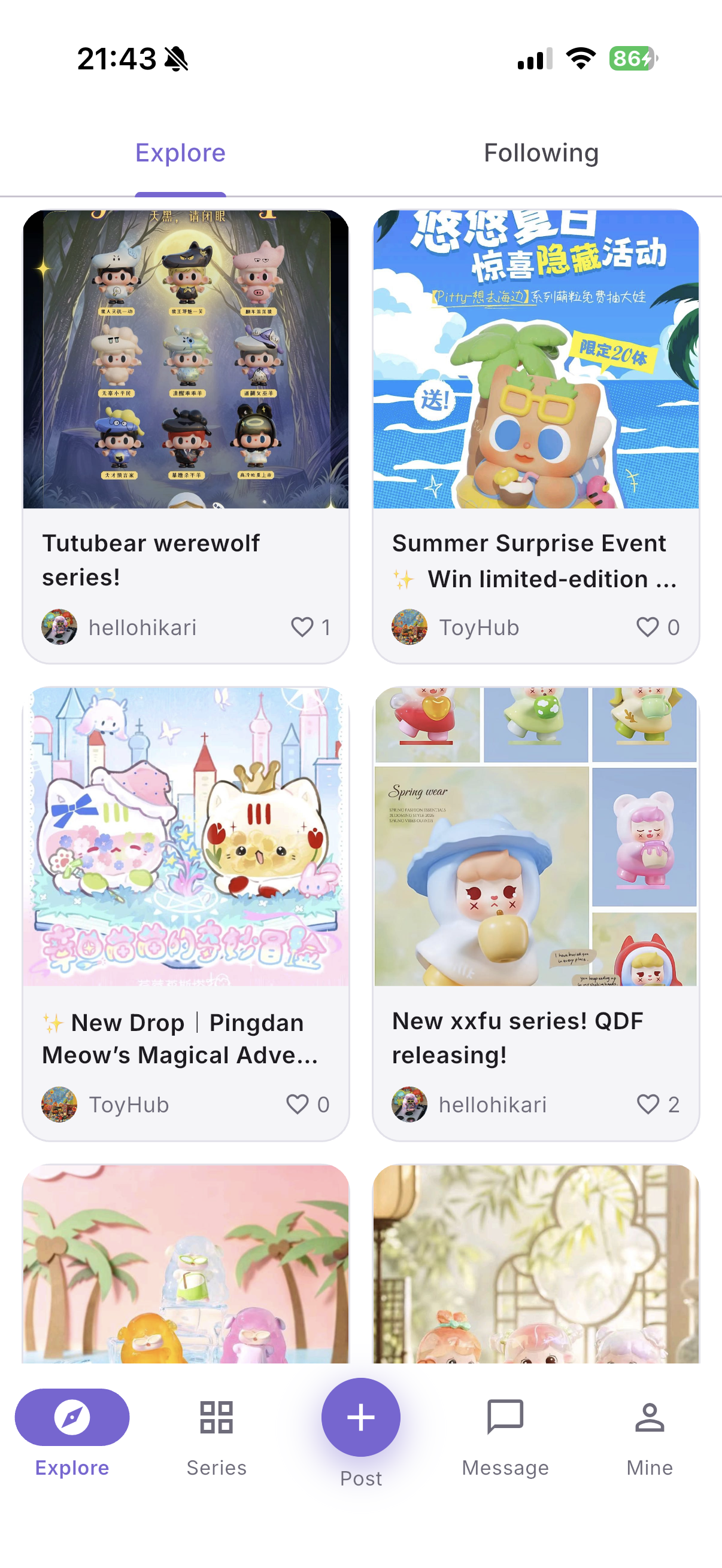 Toy Hub Explore screen — discover new drops and community posts